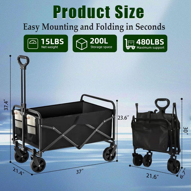 Eworld Collapsible Wagon Cart Foldable 37 Inch – 480lbs Heavy Duty Beach & Shopping Wagon with Wheels, Large 200L Capacity, Adjustable Handle & Detachable Waterproof Fabric - Image 2